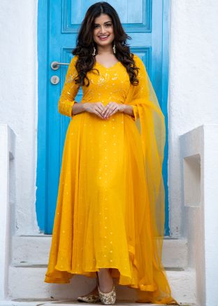 Yellow Readymade Embroidered Anarkali Suit