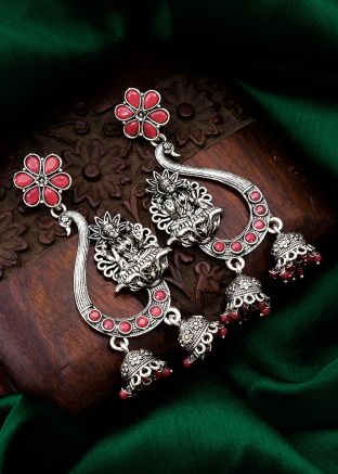 Red Stone Studded Oxidised Jhumka Earrings