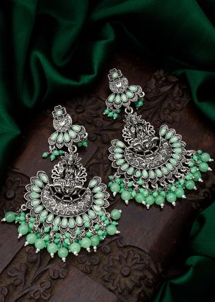 Green Stone Work Oxidised Earrings