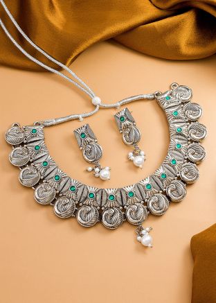 Green Stone Studded Oxidised Necklace Set