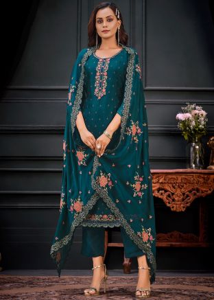 Green Embroidered Georgette Pant Suit Set
