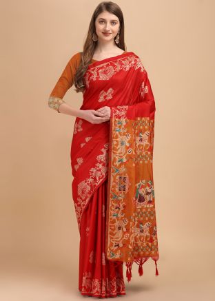 Red Claasic Zari Woven Saree In Art Silk