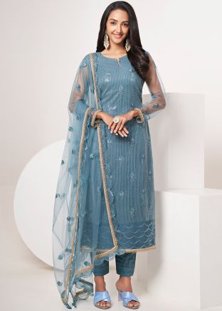 Blue Net Embroidered Pant Style Suit