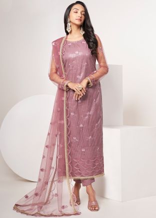 Pink Embroidered Pant Suit Set In Net