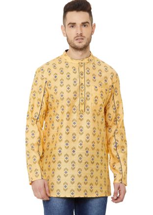 Readymade Yellow Printed Cotton Short Kurta