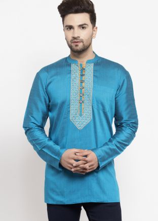 Readymade Blue Embroidered Cotton Silk Short Kurta