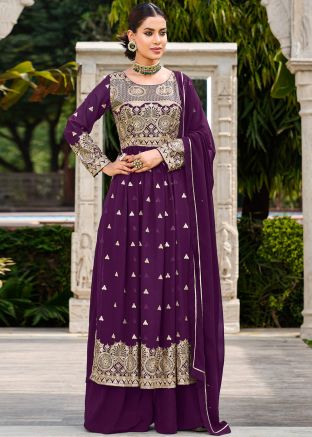 Purple Sequins Embellished Palazzo Suit Set
