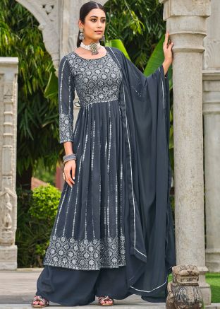 Blue Embroidered Suit Set In Georgette