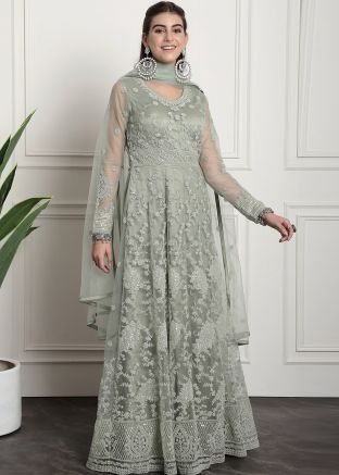 Green Net Anarkali Suit In Dori Embroidery