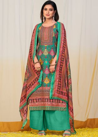 Green Digital Printed Suit Set In Muslin