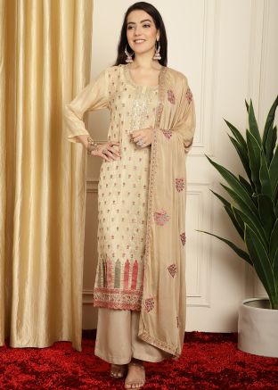 Beige Dori Embroidered Pant Suit In Silk