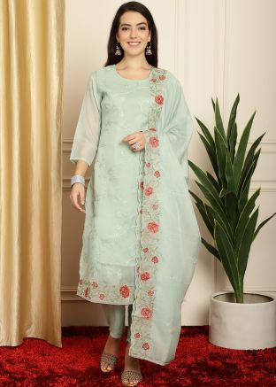 Green Embroidered Organza Pant Suit & Dupatta