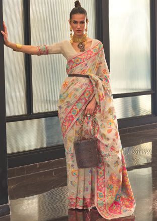 Cream Traditional Saree In Woven Work