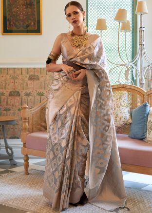 Kalki Koechlin Grey Tissue Saree In Zari Woven Work