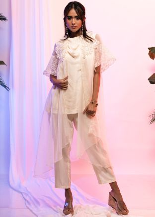 Off White Embroidered Jacket Style Top & Pant Set