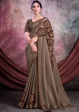 Brown Embroidered Organza Saree