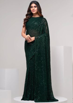 Green Sequinned Georgette Saree & Blouse