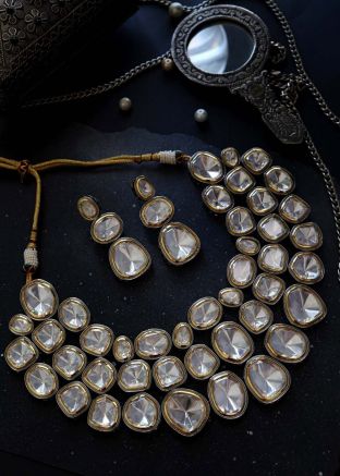 White Kundan Studded Multichain Necklace Set
