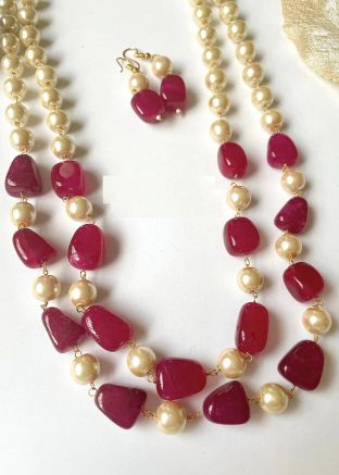 Maroon Pearls & Stones Layered Necklace Set