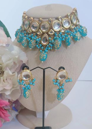 Blue Meenakari & Kundan Studded Choker Necklace Set 
