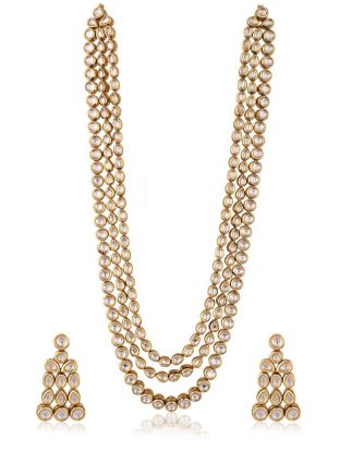 Golden Kundan Multichain Necklace With Earrings