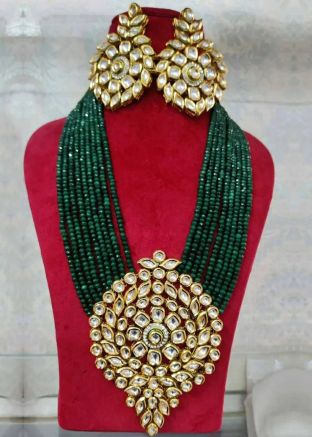 Green Kundan Studded Multichain Necklace Set 
