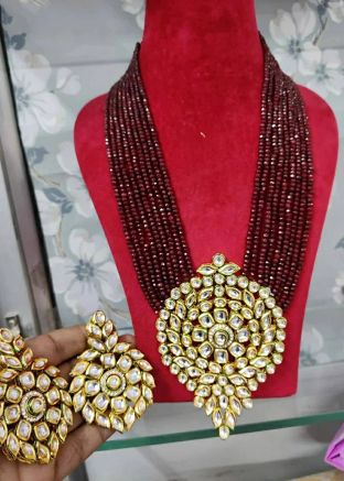 Maroon Kundan Studded Multichain Necklace Set