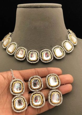 White Kundan Studded Necklace With Earrings Set