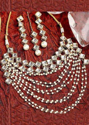 White Kundan & Beads Multichain Necklace Set