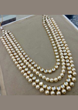 White Pearl & Kundan Multichain Necklace Set