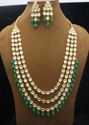 Green Kundan Studded Multichain Necklace Set 