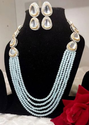 Blue Kundan & Beads  Multichain Necklace Set 