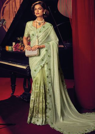Green Sequins Embellished Pallu Net Saree