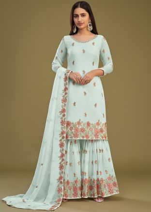 Blue Embroidered Gharara Suit Set