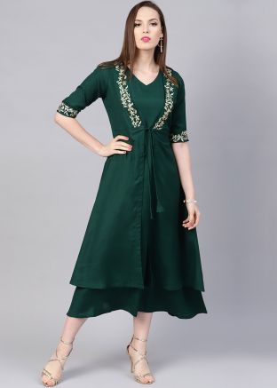 Dark Green Readymade Dress With Jacket