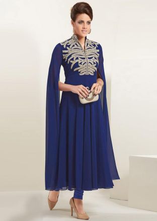 Navy Blue Cape Style Sleeved Long Kurta