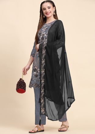 Grey Embroidered Georgette Pant Suit Set
