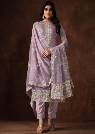 Purple Embroidered Suit Set In Organza