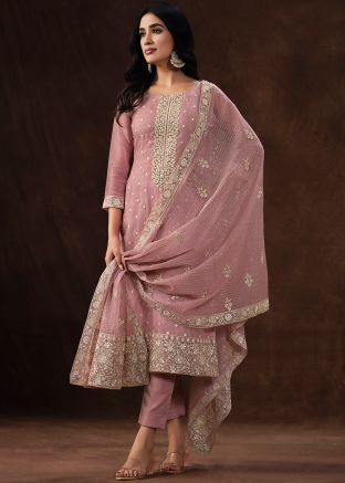 Pink Embroidered Suit Set In Organza