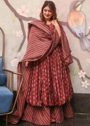 Red Readymade Digital Print Cotton Sharara Suit