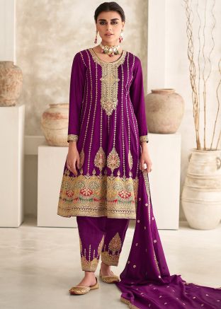 Purple Silk Pant Suit In Dori Embroidery