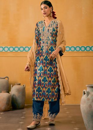 Multicolor Embroidered Velvet Pant Suit Set