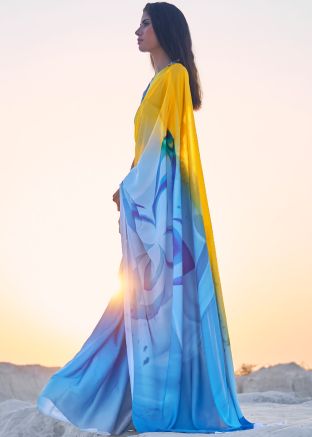 Blue & Yellow Printed Satin Saree