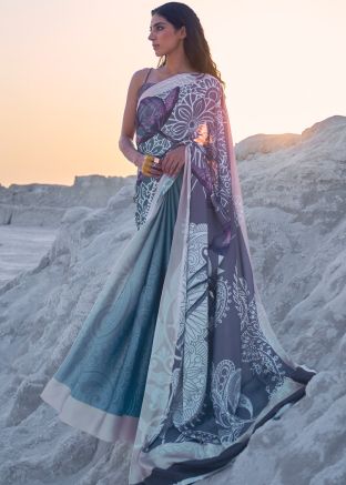 Shaded Blue & Grey Floral Print Saree