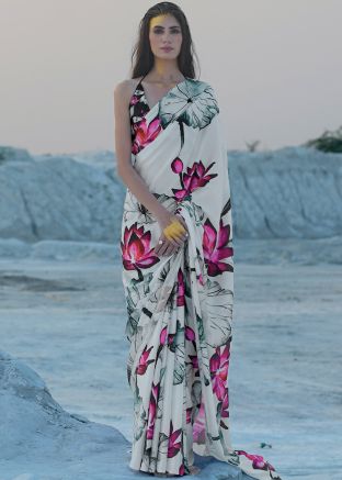 White Floral Print Saree & Blouse