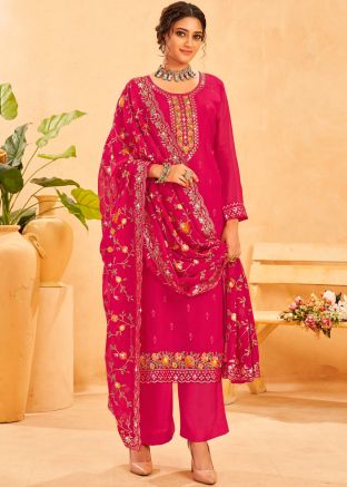 Pink Embroidered Pant Suit In Organza