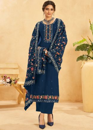 Blue Organza Pant Suit In Thread Embroidery