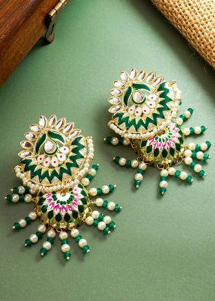 Green Jhumka Earrings In Meenakari Work