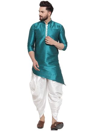 Turquoise Dupion Silk Asymmetric Kurta Dhoti Set