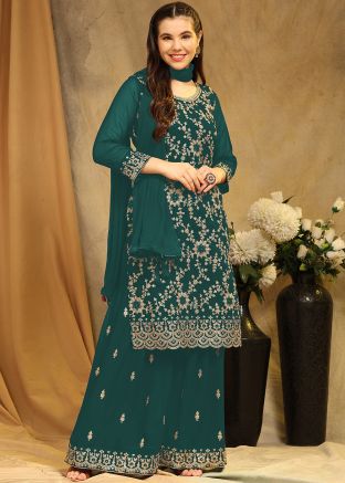 Green Embroidered Georgette Palazzo Suit